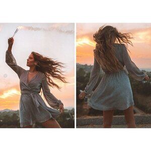 Lovestitch Shooting Star Metallic Wrap Long Sleeve Mini Dress S